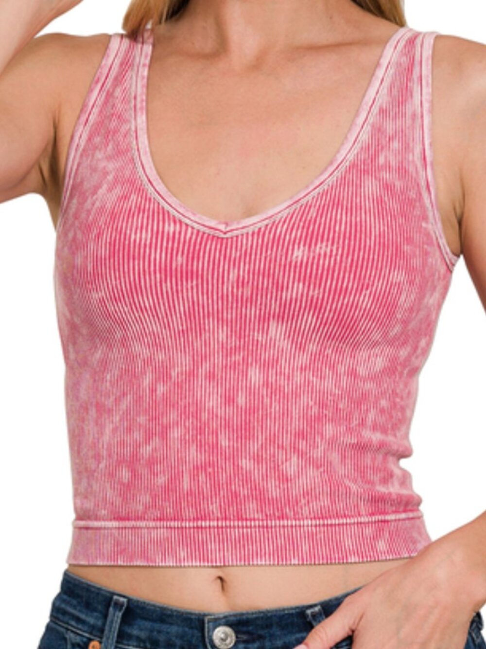 2-Way Neckline Washed Ribbed Seamless Tank Top in Rose
